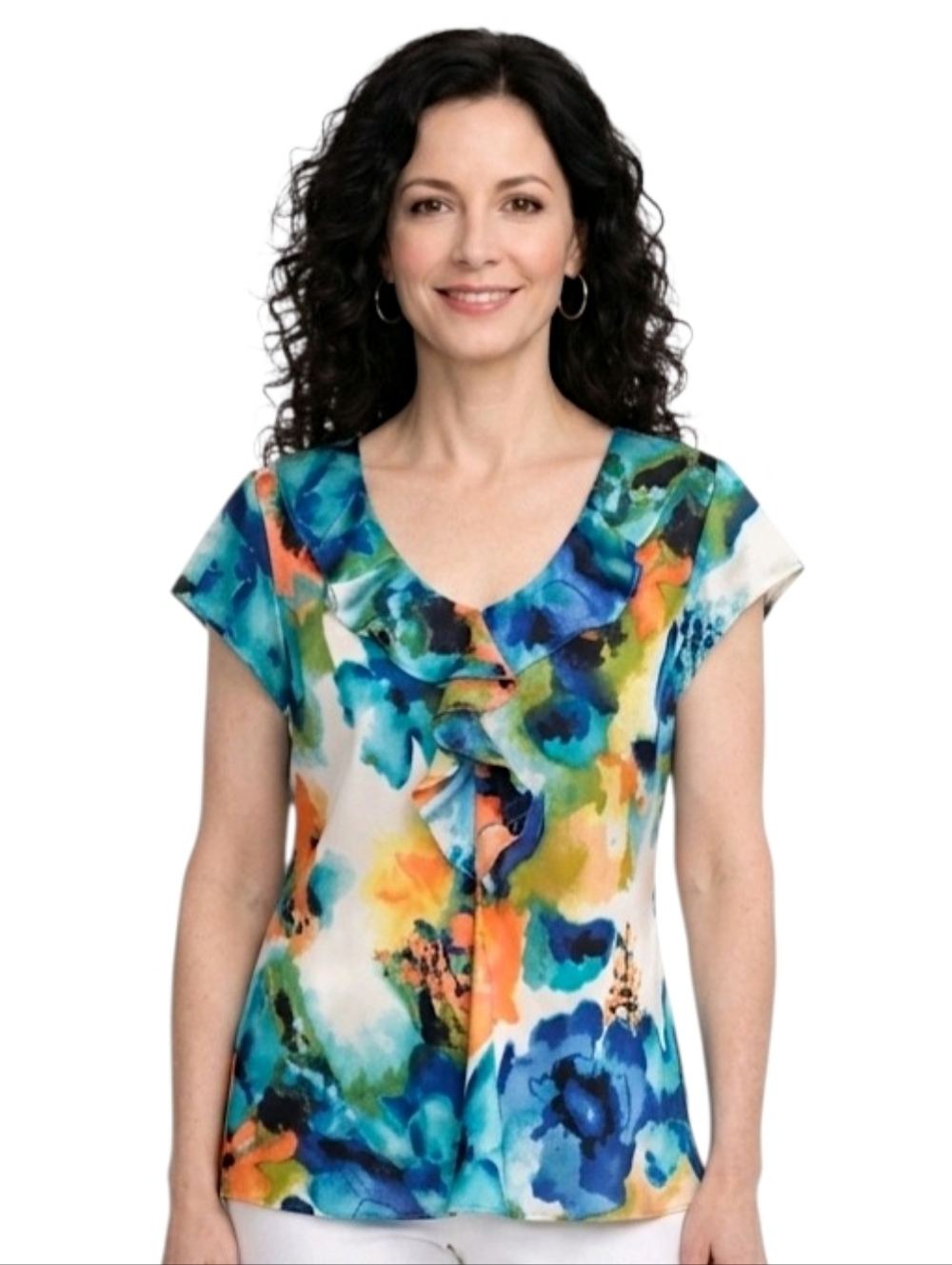 Sunny Leigh Vibrant Floral Print Ruffle V-neck Cap Sleeve Blouse Size XL